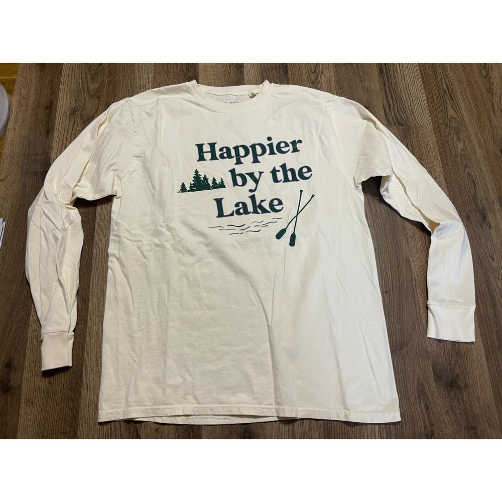 Lakegirl Shirt, Women's Size Medium, Cream Purple Green, Happier by the Lake